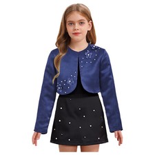 Kids Girls Shrugs Applique Satin Cropped Cardigan Bolero Open Front Jacket