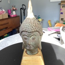Thai Bronze Buddha Head on Wooden Base