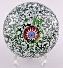 ANTIQUE SAINT LOUIS 2.2" BLUE/RED CANE ON GREEN/WHITE JASPER GLASS PAPERWEIGHT