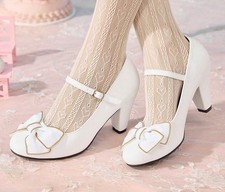 LADIES WHITE BOW DETAIL MARY JANE SHOES SIZE 9 TRANSVESTITE TV DRAG QUEEN