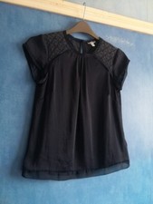 Jigsaw Dark Navy Short Cap Sleeve Pin Tuck & Lace Detail Tunic Blouse Size 8