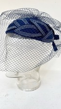 Vintage Women's Statement Veiled Hat Pillbox Navy White Wedding Races 