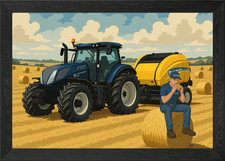 Tractor and Farmer Lunch Break Framed Wall Art Poster Canvas Print Picture