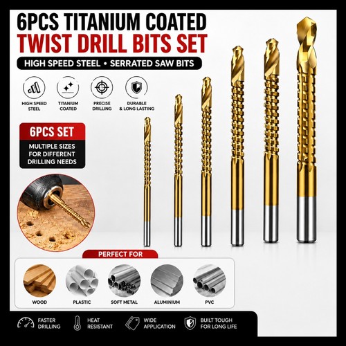 6pcs titanium coated twist - titanium,