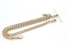 Sterling Silver Watch Chain Antique Gold Plated Curb Link T-Bar Double Albert