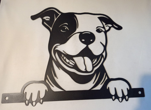 Peeking staffy dog fence - peeking,