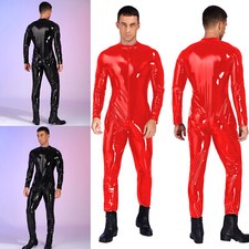 Men's Jumpsuit Latex Clubwear Patent Leather Leotard Round Neck Bodysuit PVC