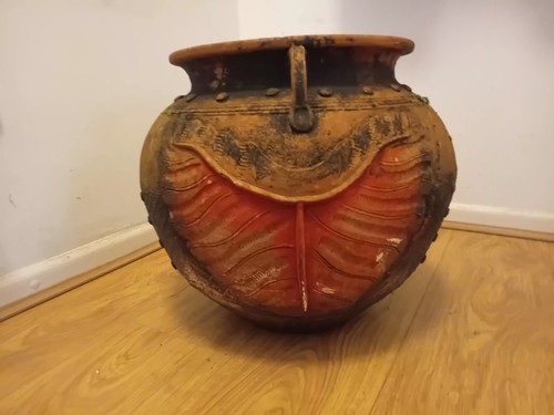 Vintage ornate clay grain - , pot