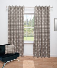 Pair of Eyelet Tartan Checked Stripe Ready Made Lined Curtains Black Red Natural