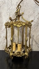 French Gilded Triple Light Antique Lantern, 6-Sided Brass Lantern