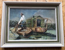 Vintage Small oil painting of a man in boat fishing or  poling off the water .