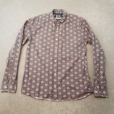 Pretty Green Mens Shirt Medium Blue Slim Floral Leaf Penny Casuals Mod Liam 60s