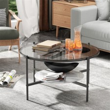 Round Coffee Table Tempered Glass Marble Sofa Side Table Living Room Metal Frame