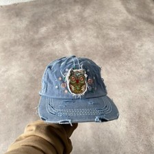 Owl Baseball Hat Mens USA Distressed Embroidered Strapback Cap Blue