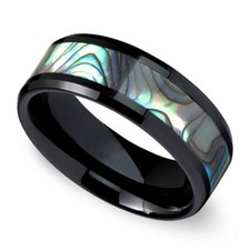 8MM BLACK ABALONE SHELL INLAY STAINLESS STEEL BAND RING UNISEX MENS WOMENS PAUA