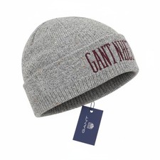 GANT Donegal Beanie Men Hat OS Light Grey Melange Wool Blend Tight-Knit Logo *