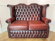 Traditionally Made Two Seater Winged Leather Chesterfield Sofa In Oxblood Red