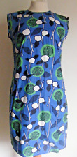 Vintage 1960s sheath dress blue cotton green white black abstract pattern 12 UK