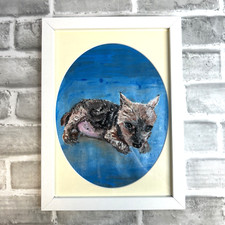Original Folk-art Dog Painting Yorkshire Terrier Naïve Wall Framed White Art