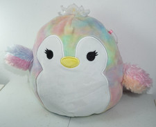 Original Squishmallow Louisa 8 inch Rainbow Penguin with crown and fluffy arms