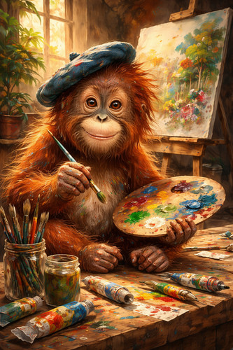 Funny orangutan artist animal - artist,