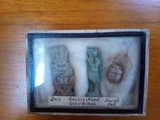 Ancient Egyptian Faience amulets Bes,Anubis ,Scarab, original Museum display box