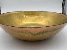 Rare Jade Snow Wong 12” Signed Gold-Green Enamel Copper Bowl MCM 50s Masterpiece