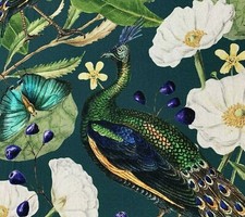 Peacock Botanic Flowers Blue Green Printed Cotton Fabric for Curtains Blinds Art