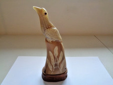 Vintage Carved Buffalo Horn Bird Sculpture wooden base 19cm tall Used