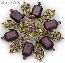 2.5" LARGE GOLD FLOWER VINTAGE PURPLE BROOCH VIOLET RHINESTONE CRYSTAL BROACH UK