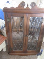 Vintage Old Charm Oak Leaded Glass Corner Display Cabinet Cupboard Bookcase Unit