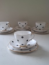Royal Vale Black Dot Trio x4 Vintage Spot Polka Teacup Saucer Plate