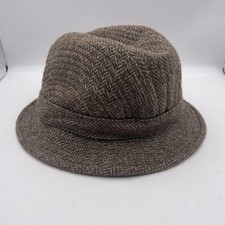 Aquascutum Herringbone Hat Fedora Derby Trilby Brown Sz S Vintage Tweed