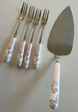 Laura Ashley cake server and 4 cake forks white with pink lilac butterflies