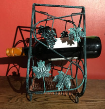 VINTAGE 3 BOTTLE WINE RACK WITH WICKER BASE AND METAL GRAPES & VINES DESIGN