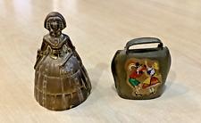 2 x Vintage Brass Bells - Crinoline Lady 8cm + Austrian Cow Bell 6cm