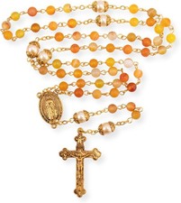 Green Stone Rosary Necklace 20in - Gold-Tone Cross & Medal, Pearl Beads