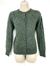 M&S Olive Green Mix WOOL Blend Soft Chunky Knit Women's Round Neck Cardigan UK 8