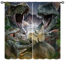 Dinosaur Blackout Curtains for Kids Boys Room, 3D Jungle Dino Print, Light Bl...