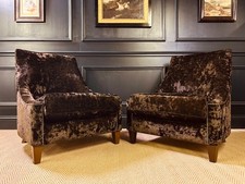 PAIR OF LUXURY DESIGNER CRUSHED VELVET ARMCHAIRS DARK BROWN FROM CHELSEA HOME