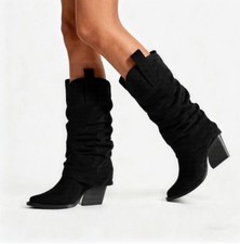 COWBOY BOOT BLACK  FAUX SOFT NAPPA SUEDE ON TREND TURN DOWN LEG