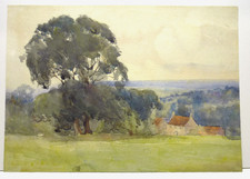 Vintage watercolour painting of houses in an English landscape by unknown artist