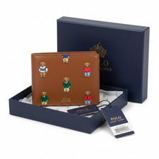 NEW Polo Ralph Lauren Tan Leather Bifold Wallet Polo Bear Embroidery NWT Gift
