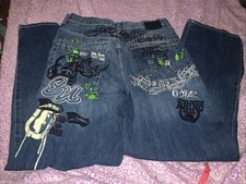 VINTAGE Ecko Unltd Jeans Mens 34x30 Blue Denim Pants Y2K Graffiti Baggy Wide Leg