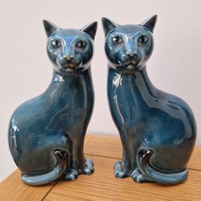 Poole Pottery Blue Dolphin Glaze Cats (pair).