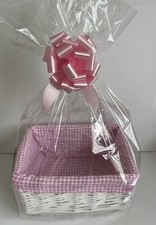 White Wicker Basket & Pink Gingham Liner Baby Gift hamper inc Cello & Bow 30cm