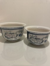 Set Of 2 Oriental Floral Peony Jardiniere Ceramic Planter Pots Vintage Large