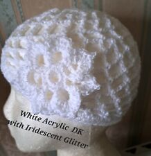 SPARKLY WHITE ACRYLIC/LUREX DK CROCHET SKULL CAP HAT 70s Fancy Dress Party Abba 