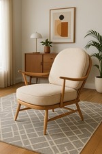 Classic Mid Century 1960s Beech and Elm Blond Ercol 203 armchair with cushions