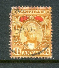Zanzibar 1896 4½ annas orange used showing no right serif to “4” variety SG165a